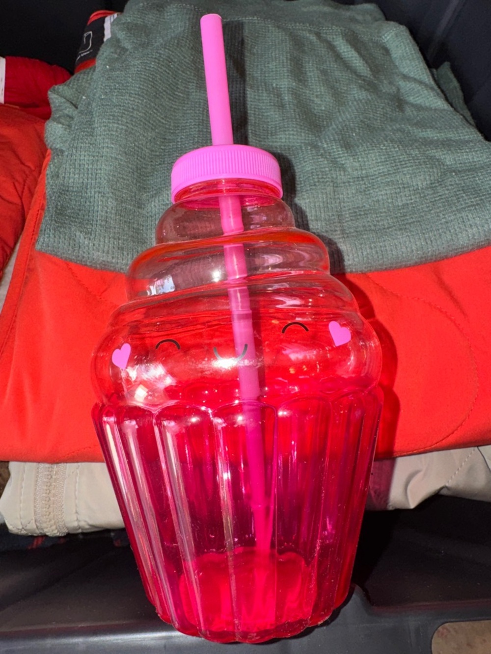 Pink Cupcake-Shaped Plastic Drink Tumbler with Straw